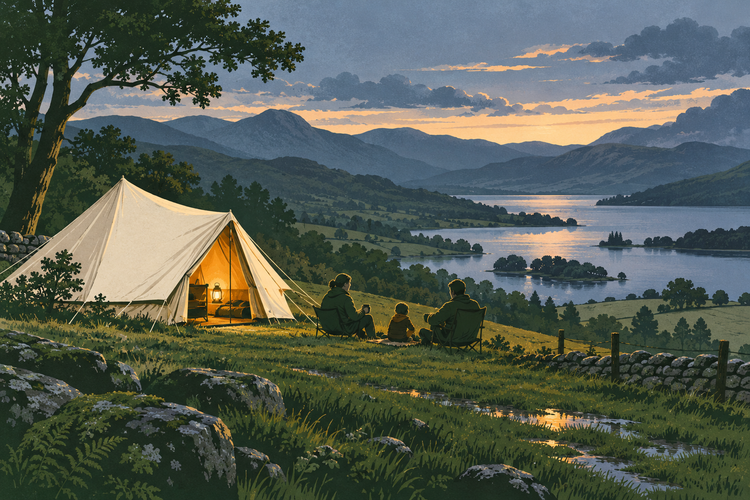 A family campsite at dusk, with a lantern-lit canvas tent beside a lake in the hills
